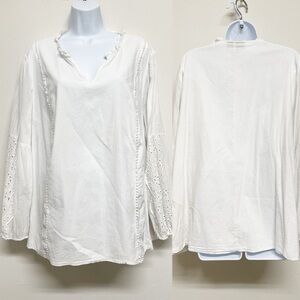 Lane Bryant Womens Plus Size White Long Full Sleeve Eyelet Detail Blouse Size 22